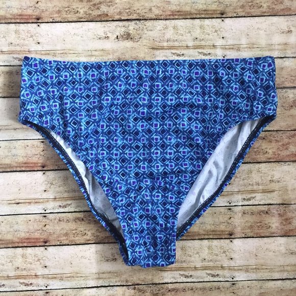 Vintage Y2K Lands End Blue Retro Print Pattern High Cut Bikini Bottom Medium - Picture 1 of 3